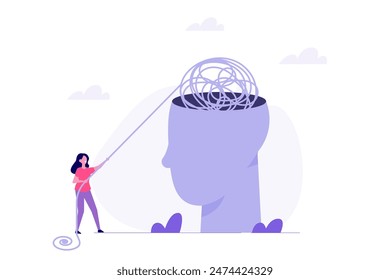 Head clearing, decoding and understanding problem, clear messy anxiety. Vector illustration.