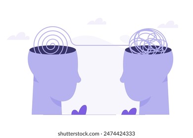 Head clearing, decoding and understanding problem, clear messy anxiety. Vector illustration.