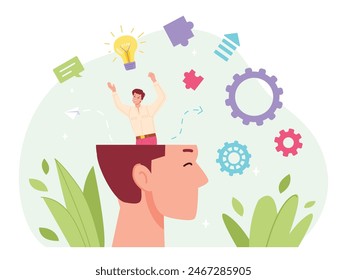 Head clearing. Man clean giant brain, person throws out your thoughts memory cleaning self mind consciousness care, cleanse mental space inner order think detox vector illustration of head clean