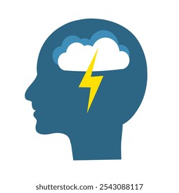 Head with a cloud and a lightning bolt on a white background. The concept of bad mood, anger and depression