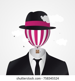 Head in the Clouds. Businessman with hot air balloon. Imagination. Vector illustration