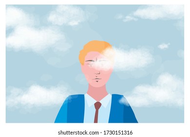 head in the clouds, a businessman on background of sky with clouds, cloud computing concept. dreamer, a creative person creates a creative idea
