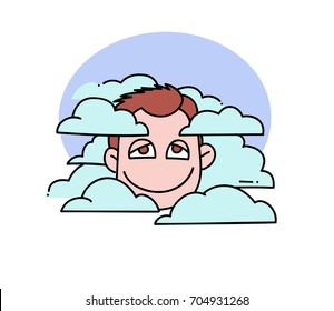 Head in clouds cartoon hand drawn image. Original colorful artwork, comic childish style drawing.