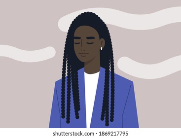 Head in the clouds, a portrait of a young female Black character daydreaming, mindfulness, meditation, and mental health balance