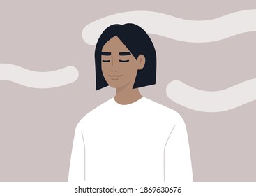 Head in the clouds, a portrait of a young female character daydreaming, mindfulness, meditation, and mental health balance