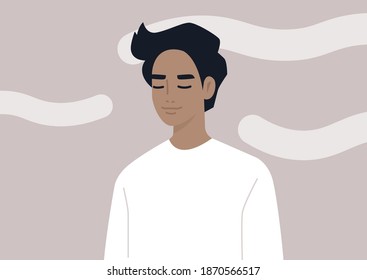 Cabeza en las nubes, un retrato de un joven personaje masculino soñando despierto, atención, meditación y equilibrio de salud mental