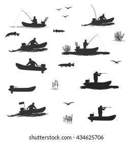 head coach of the club fishermen rides on a rubber boat with a motor. fisherman in a boat catches a fish , hunter shooting rifle
set of silhouettes. totally vector illustration
