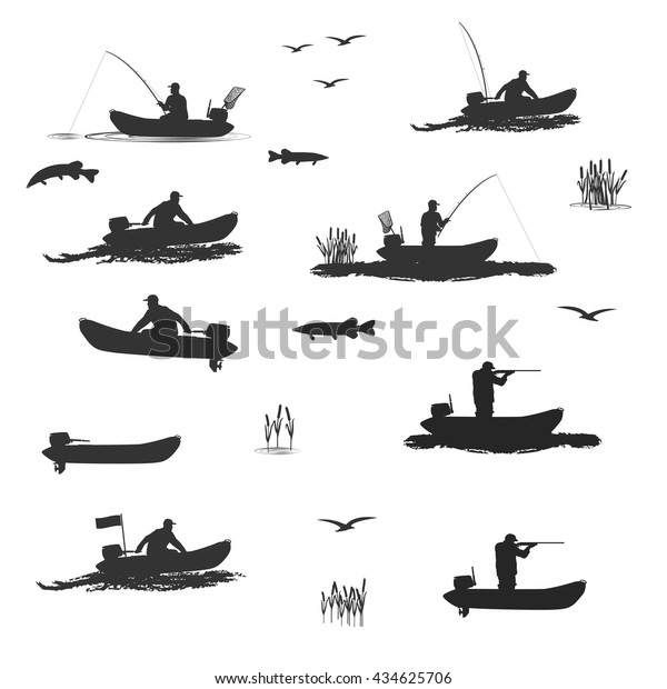 head coach of\
the club fishermen rides on a rubber boat with a motor. fisherman\
in a boat catches a fish , hunter shooting rifle\
set of\
silhouettes. totally vector\
illustration
