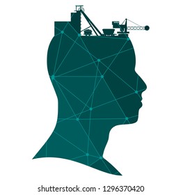 Head with coal mining icons. Heavy industry and energy. Textured by connected lines with dots..