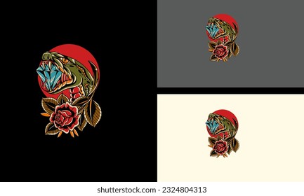 head cobra and red rose flowers vector flat design