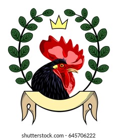 Head of a cock with a banner and red roses And laurel branches. Old school tattoo style