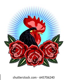 Head of a cock with a  red roses. Old school tattoo style