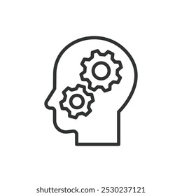 Engranajes de cabeza, en diseño de línea. Piñones de cabeza, engranajes, mecanismo, cerebro, pensamiento, productividad, estrategia sobre Vector de fondo blanco. Icono de trazo editable de engranajes de cabeza