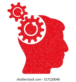 Head Cogs Rotation grainy textured icon for overlay watermark stamps. Flat symbol with scratched texture. Dotted vector red ink rubber seal stamp with grunge design on a white background.