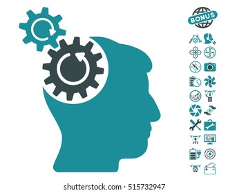 Head Cogs Rotation icon with bonus airdrone tools graphic icons. Vector illustration style is flat iconic symbols on white background.