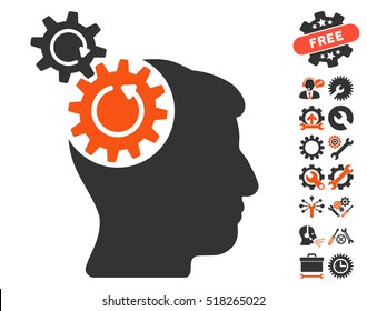 Head Cogs Rotation icon with bonus setup tools clip art. Vector illustration style is flat iconic orange and gray symbols on white background.