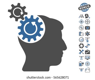 Head Cogs Rotation icon with bonus nanocopter tools pictures. Vector illustration style is flat iconic cobalt and gray symbols on white background.