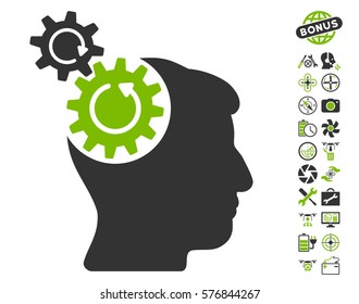 Head Cogs Rotation icon with bonus airdrone tools clip art. Vector illustration style is flat iconic eco green and gray symbols on white background.