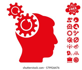 Head Cogs Rotation icon with bonus tools pictures. Vector illustration style is flat iconic red symbols on white background.