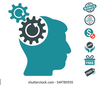 Head Cogs Rotation icon with free bonus icon set. Vector illustration style is flat iconic symbols, soft blue colors, white background.