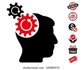 Head Cogs Rotation icon with free bonus pictures. Vector illustration style is flat iconic symbols, intensive red and black colors, white background.