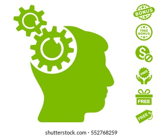 Head Cogs Rotation icon with free bonus pictograms. Vector illustration style is flat iconic symbols, eco green color, white background.