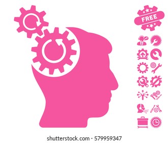 Head Cogs Rotation pictograph with bonus settings icon set. Vector illustration style is flat iconic pink symbols on white background.