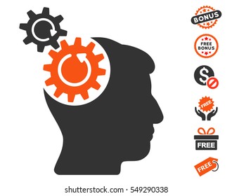 Head Cogs Rotation pictograph with free bonus design elements. Vector illustration style is flat iconic symbols, orange and gray colors, white background.
