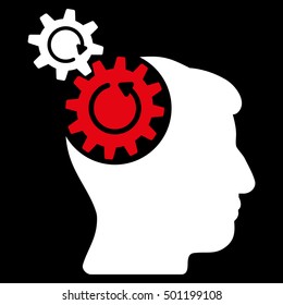 Head Cogs Rotation vector icon. Style is flat graphic bicolor symbol, red and white colors, black background.