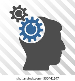 Head Cogs Rotation vector pictogram. Illustration style is flat iconic bicolor cobalt and gray symbol on a hatched transparent background.