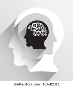 Head with cogs and wheels for brain on grey background