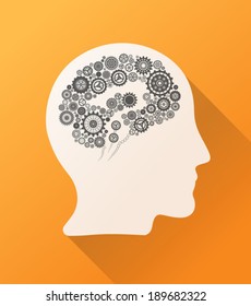 Head with cogs and wheels for brain on orange background