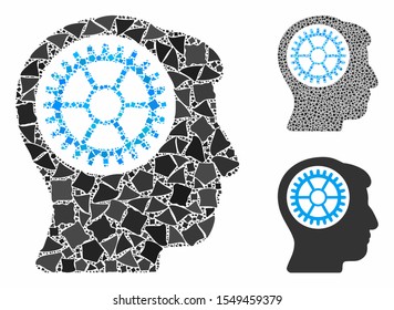 Head cogwheel composition of tremulant items in various sizes and color tones, based on head cogwheel icon. Vector tuberous items are composed into collage.