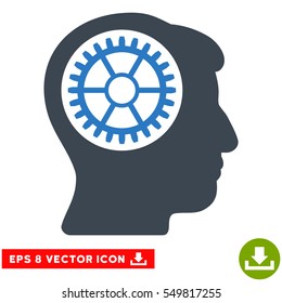 Head Cogwheel EPS vector pictogram. Illustration style is flat iconic bicolor smooth blue symbol on white background.