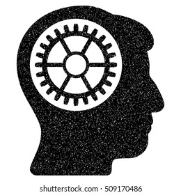 Head Cogwheel grainy textured icon for overlay watermark stamps. Flat symbol with dust texture. Dotted vector black ink rubber seal stamp with grunge design on a white background.