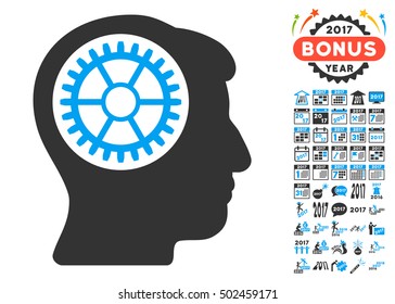 Head Cogwheel icon with bonus 2017 new year pictograms. Vector illustration style is flat iconic symbols,modern colors, rounded edges.