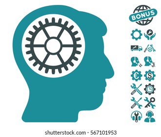 Head Cogwheel icon with bonus configuration pictograms. Vector illustration style is flat iconic soft blue symbols on white background.