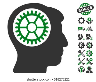 Head Cogwheel icon with bonus options design elements. Vector illustration style is flat iconic green and gray symbols on white background.