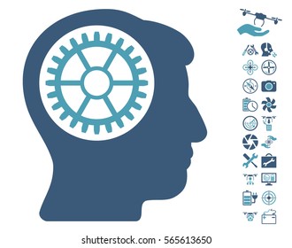 Head Cogwheel icon with bonus quad copter service clip art. Vector illustration style is flat iconic cyan and blue symbols on white background.