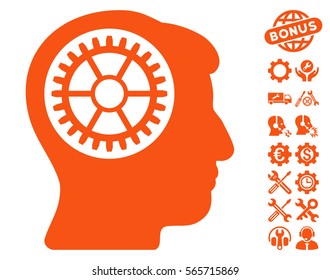 Head Cogwheel icon with bonus setup tools pictograms. Vector illustration style is flat iconic orange symbols on white background.
