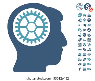Head Cogwheel icon with free bonus graphic icons. Vector illustration style is flat iconic symbols, cyan and blue colors, white background.