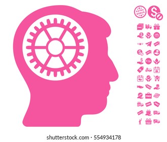 Head Cogwheel icon with free bonus graphic icons. Vector illustration style is flat iconic symbols, pink color, white background.