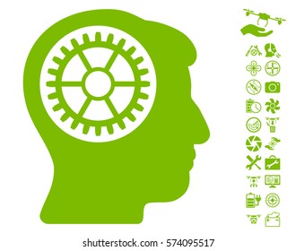 Head Cogwheel pictograph with bonus airdrone service images. Vector illustration style is flat iconic symbols on white background.