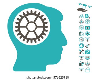 Head Cogwheel pictograph with bonus quad copter service symbols. Vector illustration style is flat iconic grey and cyan symbols on white background.