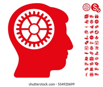 Head Cogwheel pictograph with free bonus clip art. Vector illustration style is flat iconic symbols, red color, white background.