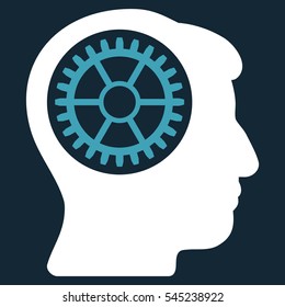 Head Cogwheel vector icon. Style is flat graphic bicolor symbol, blue and white colors, dark blue background.