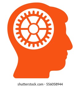 Head Cogwheel vector pictogram. Style is flat graphic symbol, orange color, white background.