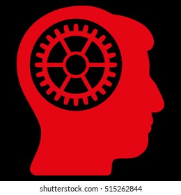 Head Cogwheel vector pictograph. Style is flat graphic symbol, red color, black background.