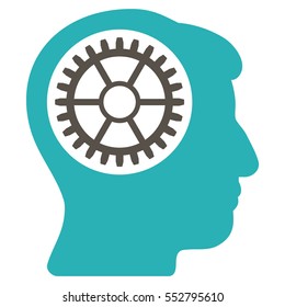 Head Cogwheel vector pictograph. Style is flat graphic bicolor symbol, grey and cyan colors, white background.