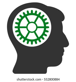 Head Cogwheel vector pictograph. Style is flat graphic bicolor symbol, green and gray colors, white background.